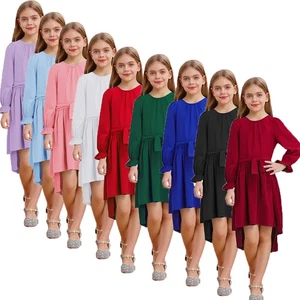 Kids Girls Dress Casual Dresses Vacation Dancewear Pleated Round Neck Gowns Hem - Picture 1 of 120