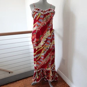 Royal Creations Red Dress with Train Sz L Hawaiian Beaded Floral Cruise Vintage - Picture 1 of 20