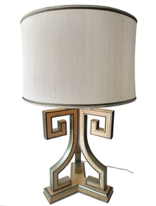 Theodore Alexander Maple Wood & Silver Greek Key Large Modern Table Lamp w Shade - Picture 1 of 23