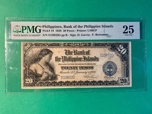 1928 20 PESO BANK OF THE PHILIPPINES ISLANDS D10832D P-18 PMG VF 25 - Picture 1 of 2