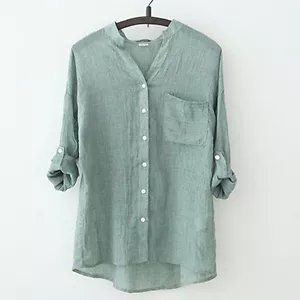 Lady Sheer Thin Loose Linen Shirt Blouse Thin Beach Roll Up Sleeve V Neck Summer - Picture 1 of 16