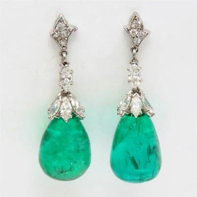 Pendientes colgantes de platino con diamantes y esmeraldas naturales colombianos certificados por NYJEWEL GIA Foto 1 de 4