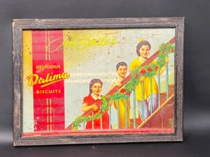 Litografía antigua de colección TODAS LAS SONRISAS DELICIOSAS GALLETAS DALIMA enmarcada Adv Letrero de lata - Imagen 1 de 8
