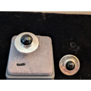 Vintage Taxco Mexico Sterling Silver Black Cabochon Screw Back Earring - Picture 1 of 6