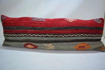 Traditional Pink Hand Knotted Kilim Pillow, 12x35 in, Lumbar Pink Retro Pillow, - Image 1 of 4