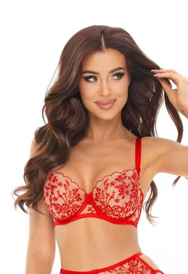 Sujetador transparente bordado Axami 11091 en las nubes flores desnudas/rojas HECHO EN EUROPA Foto 1 de 4