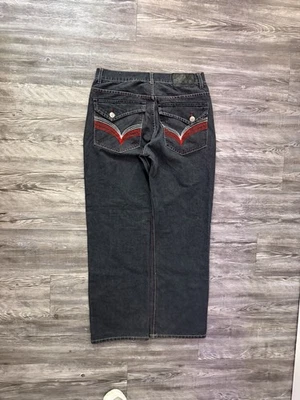 Jeans vintage preto e vermelho bordado tipo polo sul folgado - Imagem 1 de 4