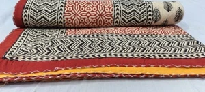 Indian Hand Block Print Queen Size Cotton Kantha Quilt Throw Blanket Bedspread - Picture 1 of 9