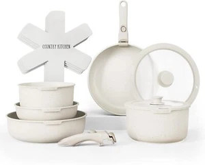 Cookware Set with Removable Handle, Oven & RV Safe Pots and Pans Set, Cream G... - Picture 1 of 9