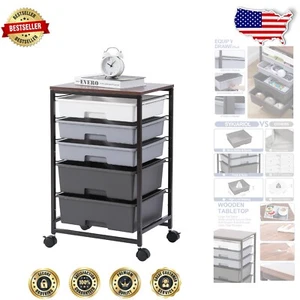 Mobile Storage Cart with 5 Drawers and Wooden Surface - Lockable Wheels Included - Picture 1 of 11