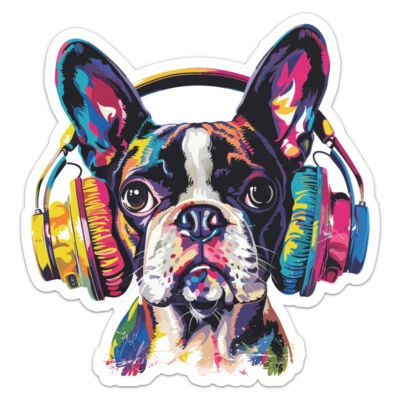DJ Boston Terrier Dog Vinyl Decal Waterproof Car Bumper Sticker - Image 1 of 4