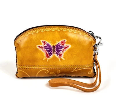 Handcrafted Cowhide Leather Embossed Butterfly Wallet Wristlet Coin Purse - Image 1 of 4
