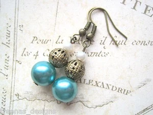 OCEAN SEAFOAM PEARL STACK BEAD Drop Pair of Earrings Antique Gold Jade SEASIDE - Picture 1 of 2