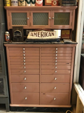 Antique Wooden DENTAL CABINET Frosted Glass Doors Marble Base Jewelry Collection Cover