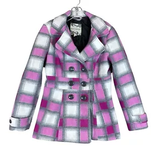 Body Central Pea Coat Women's M Pink Gray White Plaid Polyester Military Jacket - Picture 1 of 11