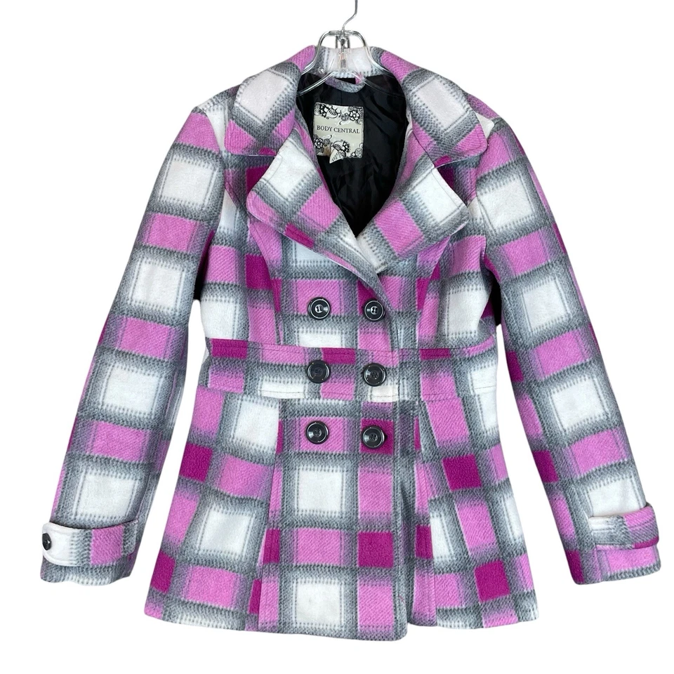 Abrigo Body Central Pea para mujer M rosa gris blanco a cuadros poliéster chaqueta militar Foto 1 de 4