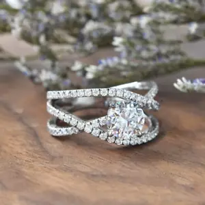 Massiver 14k Weißgold Moissanit gedrehter Verlobungsring rund Brillantschliff 2 Karat - Bild 1 von 16