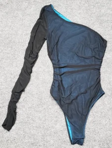 Rue21 Bodysuit Womens XS Black Blue Long Sleeve Ruched Mesh Overlay Blouse New - Picture 1 of 12