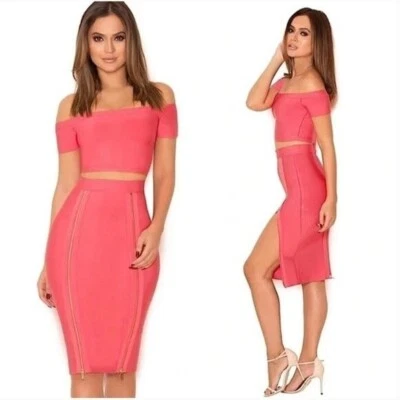 Saia HOUSE OF CB Amora Feminina Tamanho Pequeno Coral Zíper Detalhe Bandagem - Imagem 1 de 4