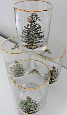 Juego de 4 gafas Spode dobles antiguas con montura dorada 14 oz Inglaterra con caja Foto 1 de 3