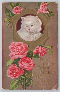 White Fluffy Kitty Cat and Flowers Roses Antique Postcard - Picture 1 of 4