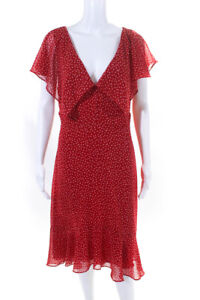 Max Studio Womens Red Heart Print V-Neck Ruffle Short Sleeve Shift Dress Size L