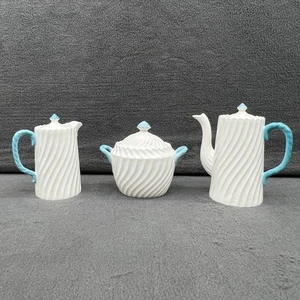 Aynsley England WHITE SWIRL/ Aqua blue creamer, Sugar & Tea/ Coffee Pot. Vintage - Picture 1 of 13