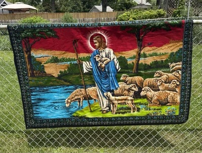 VTG Jesus With His Flock Shepard Wall Hanging Tapestry Mural 52 X 32 Vivid Color - Image 1 of 4