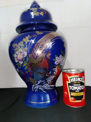 Vintage Japanese ex-large  royal  Blue Peacock and Floral Ginger Jar with Lid - Image 1 of 4
