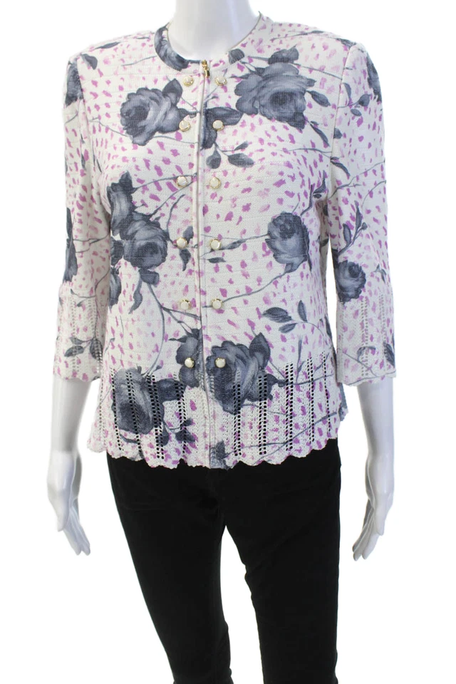 St. John Collection By Marie Gray Womens Front Zip Knit Floral Top White Size 8 - Image 1 of 4