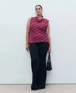 NEU Mango Bluse drapierter Kragen Wasserfall bedruckt lila blau ärmellos US 14 neu mit Etikett - Bild 1 von 9