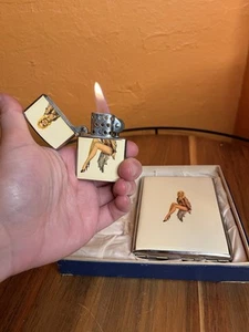 Vintage Pinup Cigarette Case & Penguin Flip Top Lighter Box Set - Picture 1 of 5