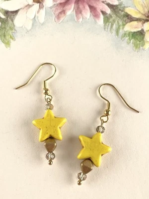 Brincos femininos de ouro com estrela de jaspe amarelo pendurados à mão joias artesanais - Imagem 1 de 4