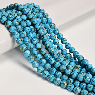 Natural Mohave Copper Blue Turquoise Smooth Round Beads 6mm 8mm 10mm 15.5'' Strd - Image 1 of 3