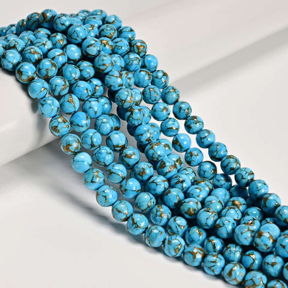 Natural Mohave Copper Blue Turquoise Smooth Round Beads 6mm 8mm 10mm 15.5'' Strd - Image 1 of 3