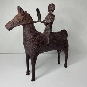 Vintage Tribal India Cast Bronze Dhokra Bastar Lost Wax Statue Warrior on Horse - Picture 1 of 10
