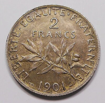 Francia 1901 PLATA 2 Francos ELECCIÓN AU ALTO Grado BELLEZA Semilla Siembra Moneda Francesa Foto 1 de 2