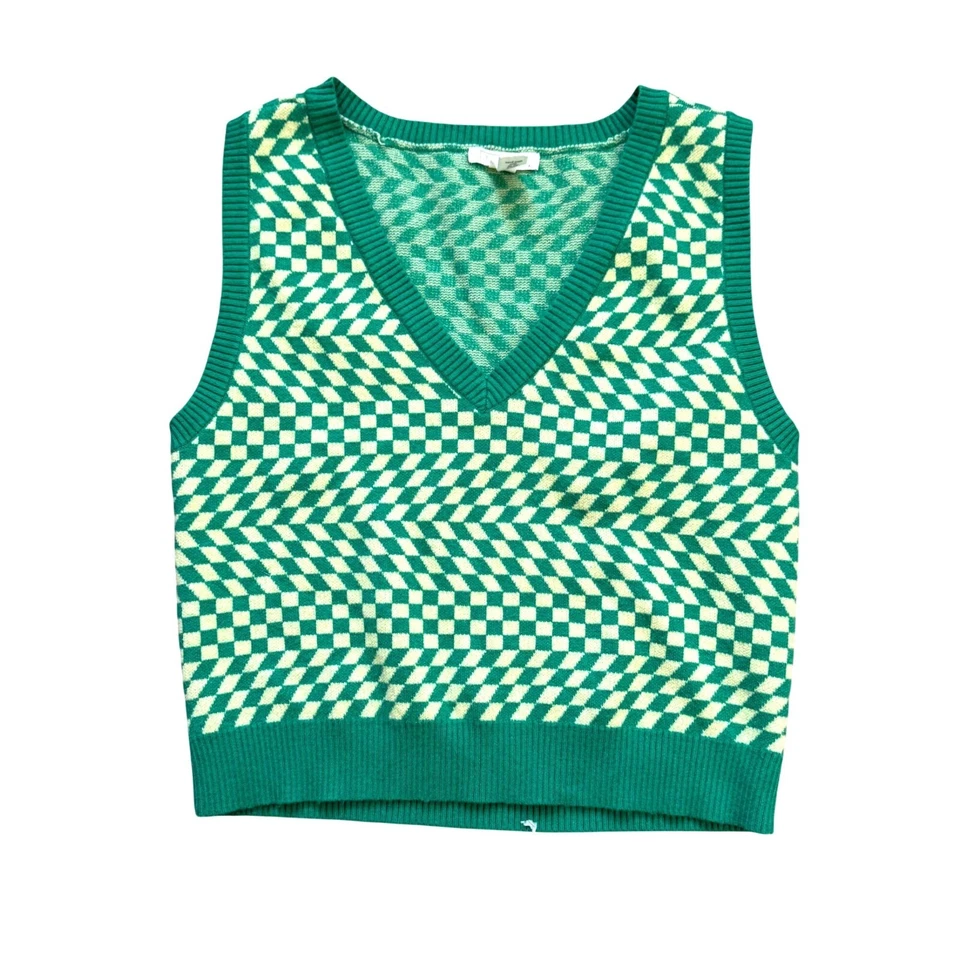 Chaleco Suéter A Cuadros Ondulado Sin Mangas Cuello en V Inclinación Completa Para Mujer Talla XL Verde Foto 1 de 4
