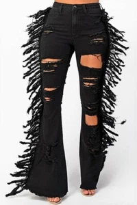 High Rise Flare Front/Back Heavy Destroyed Side Tasseled Jeans (PLUS) - Picture 1 of 10