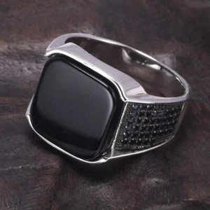 Bague pierre homme argent massif 925 pas cher noir tendance Mustang Agate - Imagen 1 de 8
