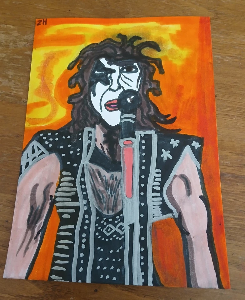 Pintura de dibujo Paul Stanley Starman Kiss Music 5" por 7" firmada por artista arte Foto 1 de 1