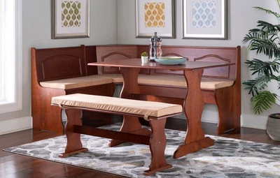 5-Piece Farmhouse Corner Breakfast Nook Dining Set Cushions Storage Walnut Beige - Image 1 of 4