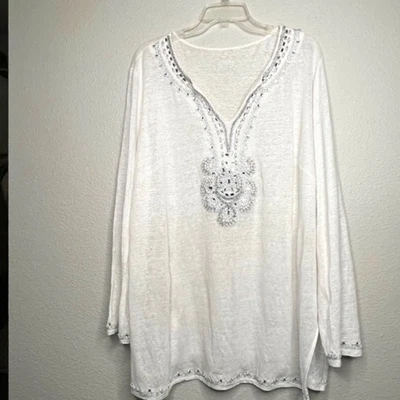 INC 亚麻尺寸 XXL Plus 装饰金属和珍珠长袖遮盖上衣  — 第 1/4 张图片