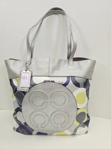 Bolso de Mano COACH Julia Estampado Bufanda Perry 14970 Gris Claro Dorado Multi Satén - Imagen 1 de 17