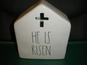 NEW RARE Rae Dunn "He Is Risen" Tea Light House with Cross 6"x6.75"x3" - Picture 1 of 7