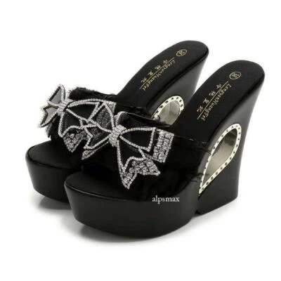 Womens Slippers High Wedge Heel Creepers Shoes Platform Bow Sequins Summer Beach - Image 1 of 4