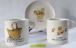 Rae Dunn im Ruhestand französische Skizze Boutique Loquats & Tragetasche kurze Tasse Set sehr selten - Bild 1 von 12