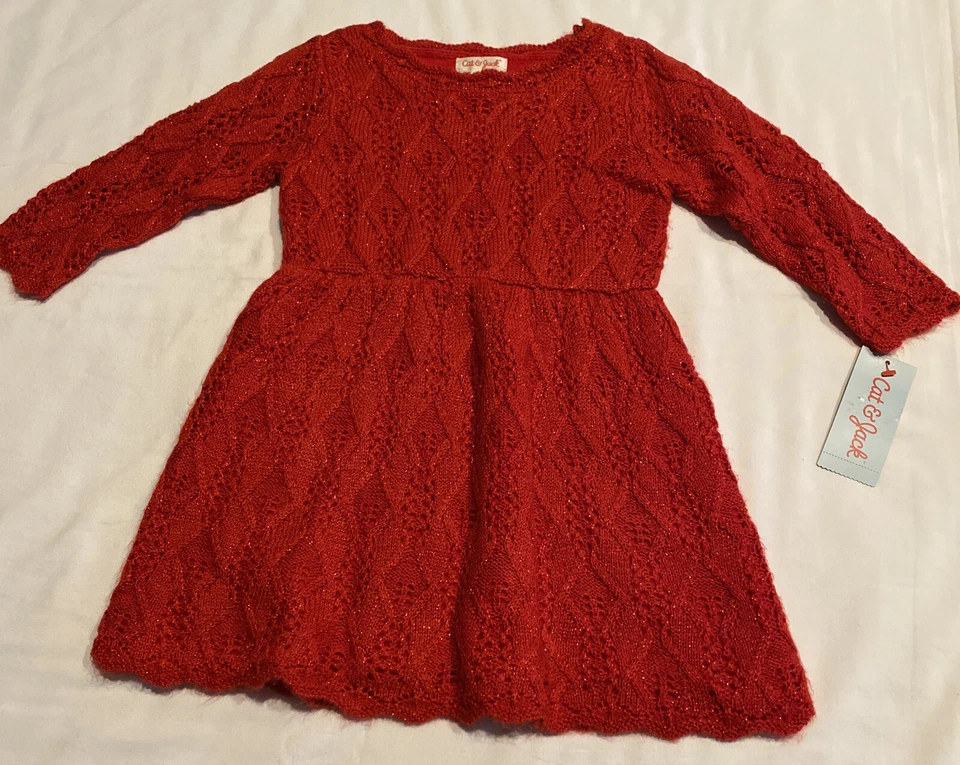 Cat & Jack Toddler Girls Sparkle Crochet Long Sleeve Dress Wowzer Red Size 3t