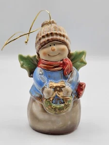 Ornament Bell Angel Snowman Holdingnwreath Handpainted Ceramic 3.5Wx4.75"H - Picture 1 of 10