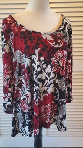 East 5th Womans Sz 2X Plus Black Red & Gray Floral Blouse Short Sleeve Stretch - Bild 1 von 7